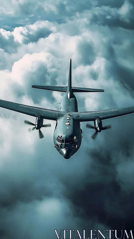 Military turboprop transport plane cutting through storm clouds.