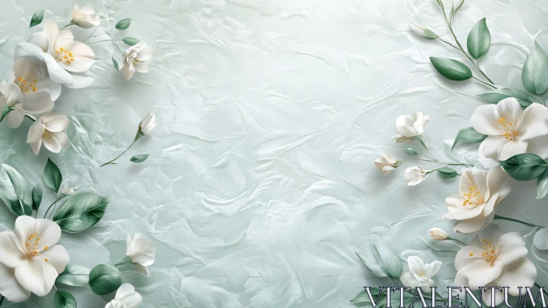 White Flowers and Green Leaves on Textured Pale Background.