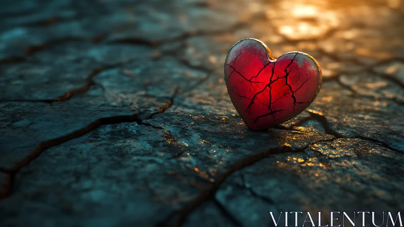 Red heart form resting on cracked dark surface with warm ambient light