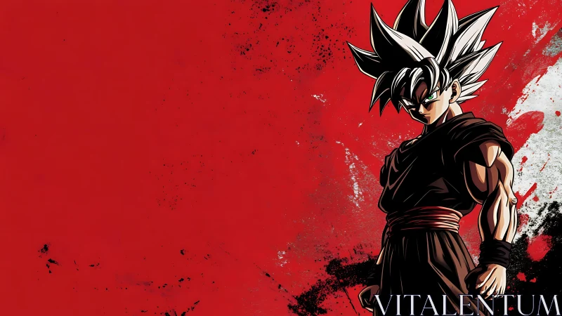 High-contrast anime warrior on splattered red field backdrop.