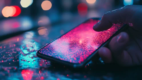 Neon-lit smartphone screen glows through raindrops at night.