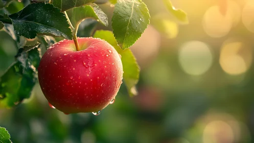 Morning dew on a sunlit garden apple, ripe and inviting.