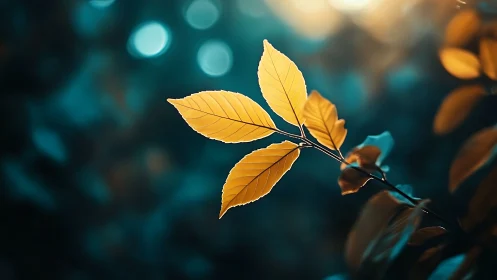 Golden autumn leaves in soft bokeh light, nature photography style.
