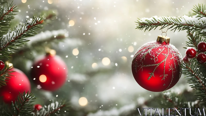 Snow kissed red ornaments glow softly on a winter tree