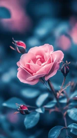 Pink Rose Bloom with Deep Depth of Field and Teal Atmospheric Bokeh