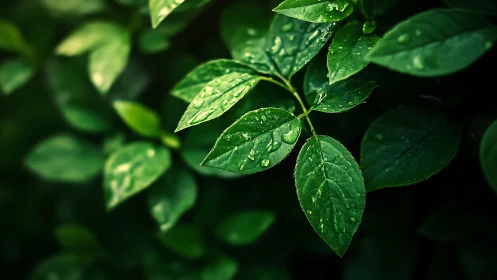 Rain-kissed green leaves glow softly against deep shadow