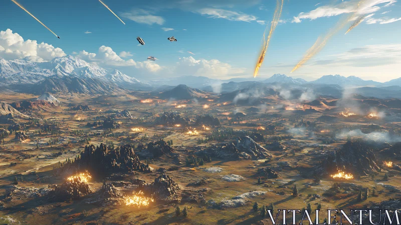 Orbital bombardment over alpine valley under meteor assault