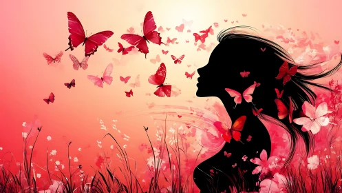 Silhouette dreamer serenaded by a crimson butterfly storm.