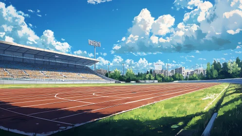 Silent summer stadium waits beneath drifting storybook clouds