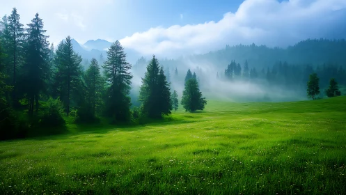 Alpine meadow valley with coniferous forest and atmospheric mist