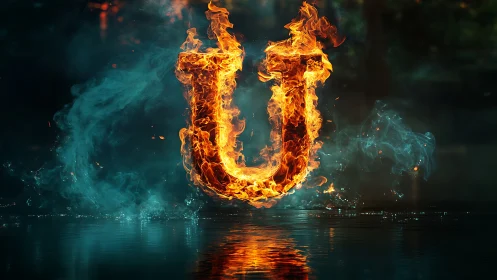 Flaming U Letter Over Water in Teal Atmosphere.