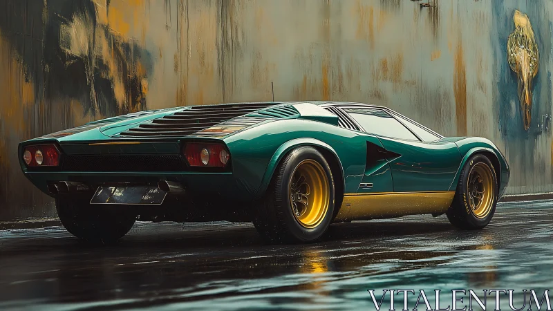 Retro green sports car parked on wet industrial street.
