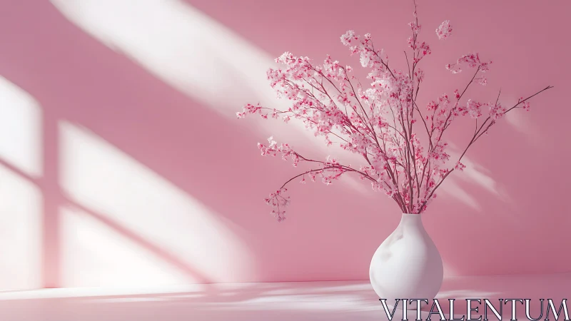 White vase with pink baby's breath flowers against pink wall