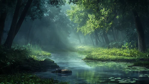 Misty Forest Stream: Nature's Quiet Sanctuary.