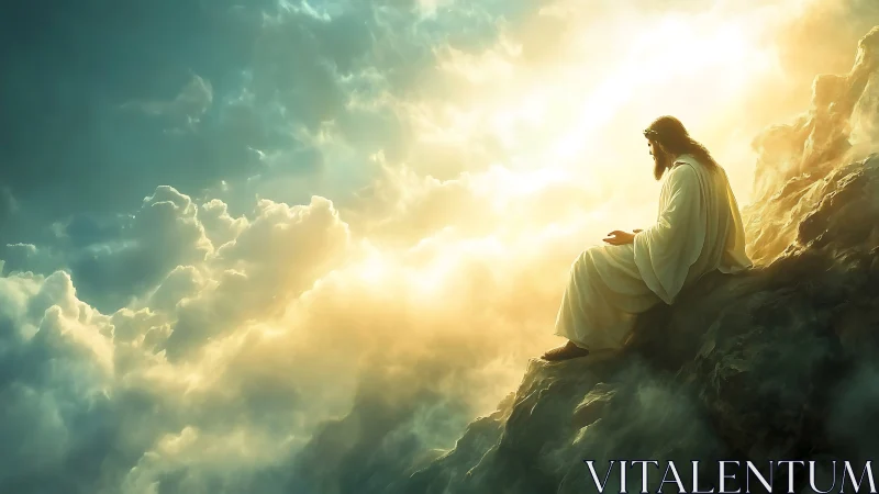 Solitary robed figure on sunlit cliff amid radiant clouds