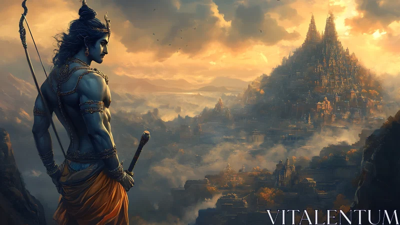 Warrior with bow overlooking vast golden mountain city at dusk.