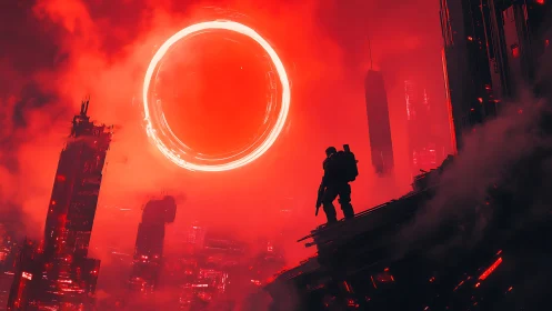 Lone soldier greets the burning neon eclipse above ruin