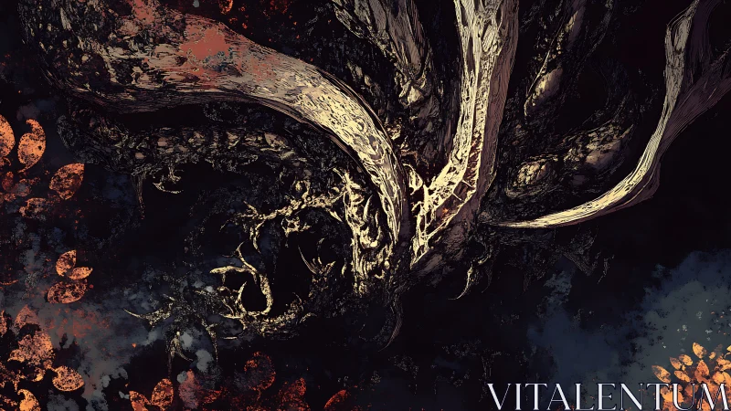 Twisted infernal roots coil through dark void with scorched bloom.