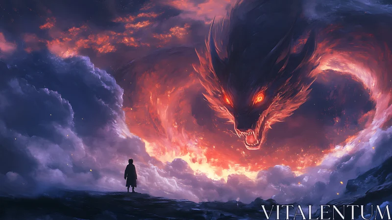 Solitary figure facing colossal fiery sky-dragon vortex
