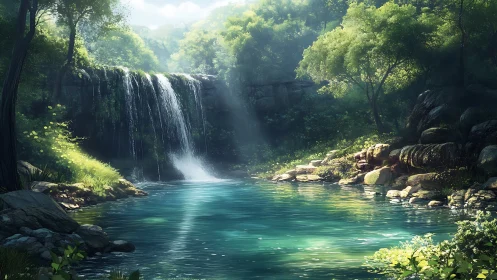 Sunlit forest waterfall over rocky ledge into turquoise pool