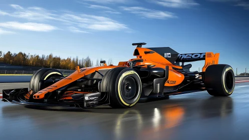 Sleek orange race car gliding confidently along the track.