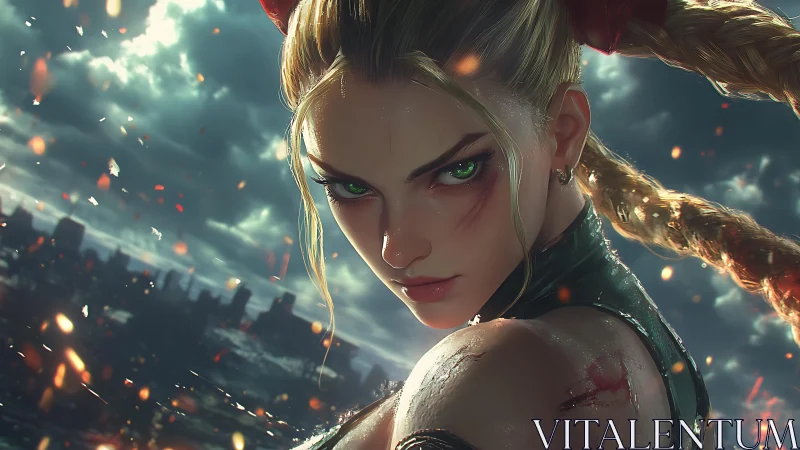 Fierce braided fighter in burning cityscape at dusk.