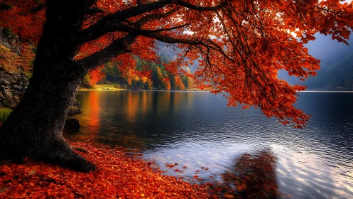 Lakeside deciduous tree overhangs calm water in autumn