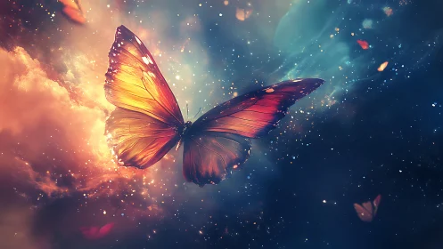 Celestial ember butterfly drifts through starlit nebula skies.