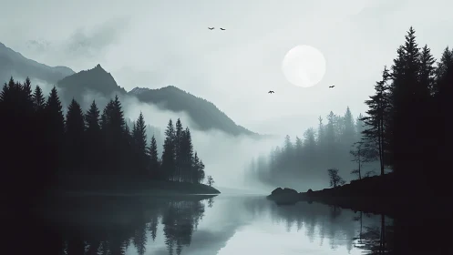 Calm misty mountain lake under full moonlight at dusk.