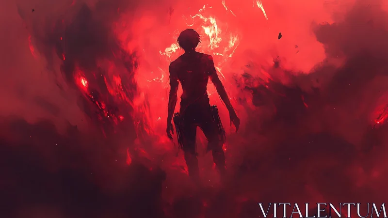 Silhouetted figure stands in burning red smoke and embers.