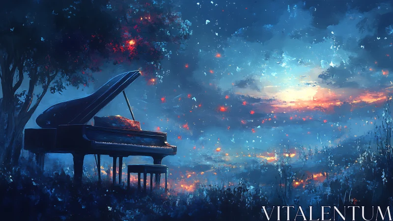 Grand piano under twilight sky with luminous particle effects
