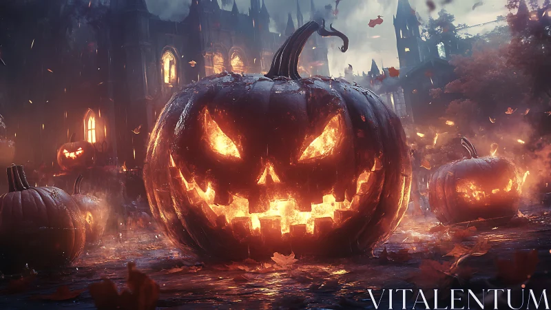 Fiery jack-o’-lanterns ignite gothic courtyard at dusk.