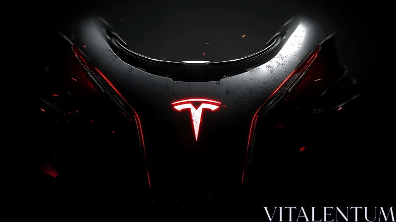 Illuminated Tesla emblem on glossy black surface in dark scene.