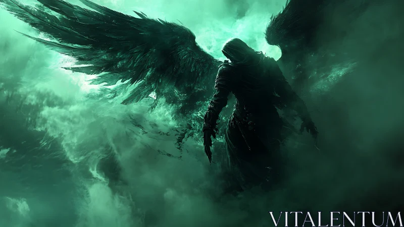 Emerald reaper angel drifting through stormborn fog.