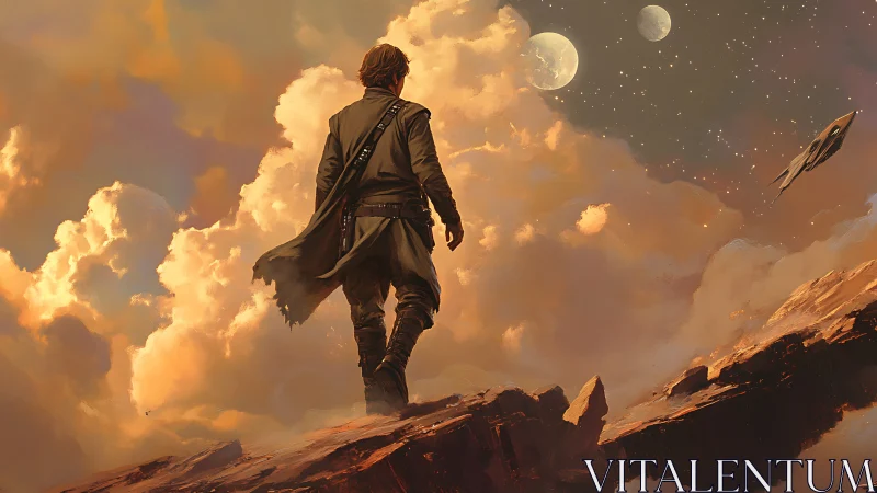 Solitary figure surveys stratified clouds and distant moons