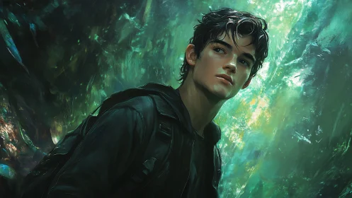 Young wanderer stands in luminous emerald forest haze.