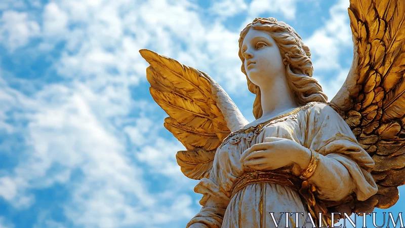 Golden-winged stone angel quietly measures the bright sky