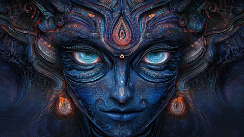 Cybernetic cosmic deity stares forward with luminous glyph eyes