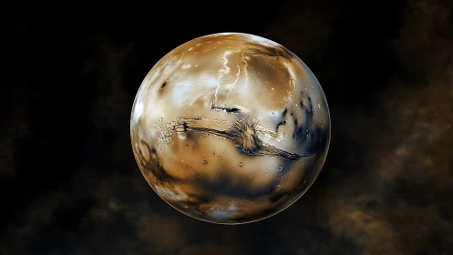 Molten bronze planet drifting through smoky cosmos.