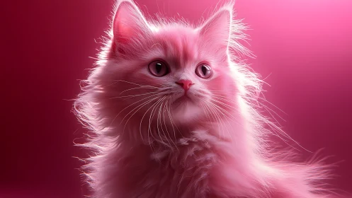 Pink fluffy cat with luminous eyes against vibrant magenta gradient background.