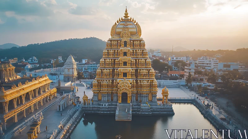 Golden Hindu temple complex reflected in serene water at dusk.