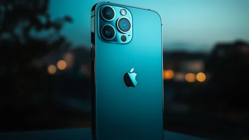 iPhone 12 Pro in Pacific Blue with triple camera system photographed against twilight backdrop.