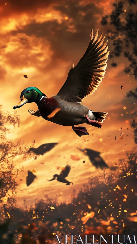 Mallard in dramatic sunset flight over glowing wetlands.