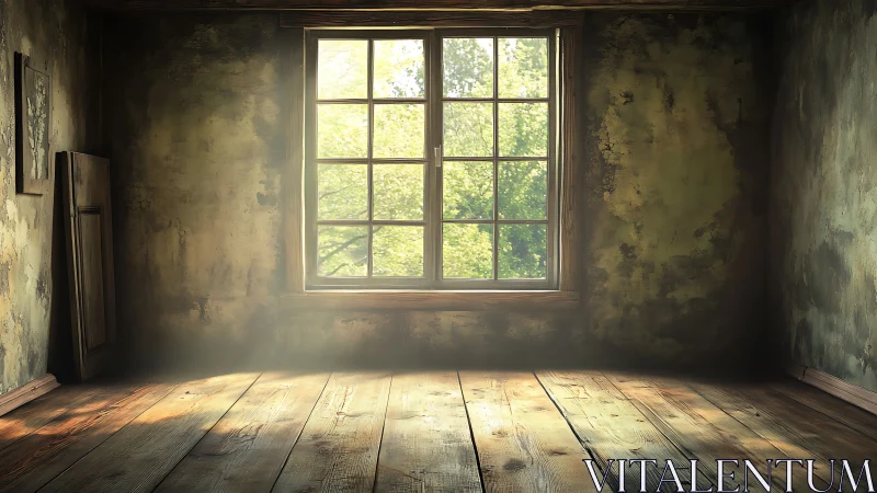 Sunlit decayed room with volumetric dust and wooden window frame.