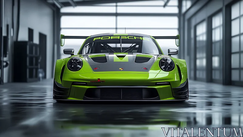 Green track-focused sports car is positioned in a workshop bay