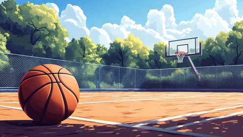 Sunlit outdoor court with resting basketball foreground