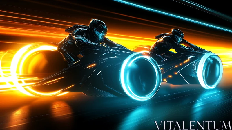 Futuristic neon light cycles racing at high digital speed.