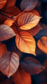 Macro study of orange autumn leaves with cool blue bokeh contrast