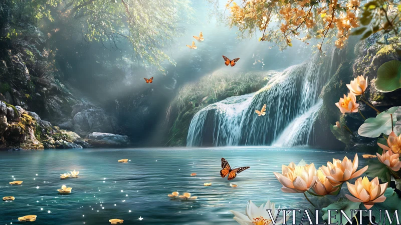 Waterfall pool with butterflies and lotus flowers in forest.
