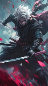 White haired swordsman in black armor with glowing eyes.